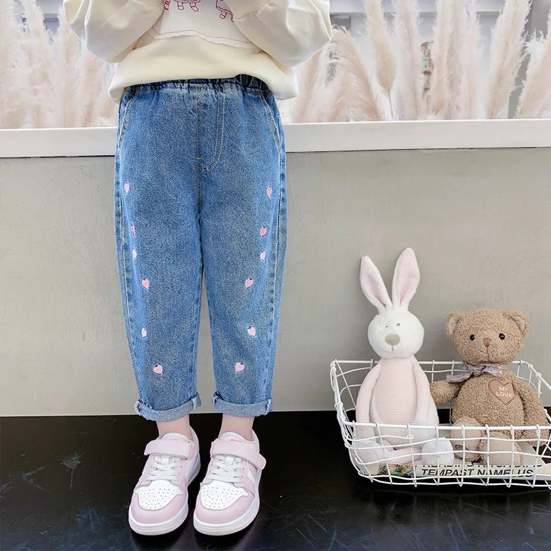 Girls Pants Spring Autumn Season 2024 Children's Pants Spring Dress Baby Jeans Children's Embroidered Elastic Pants