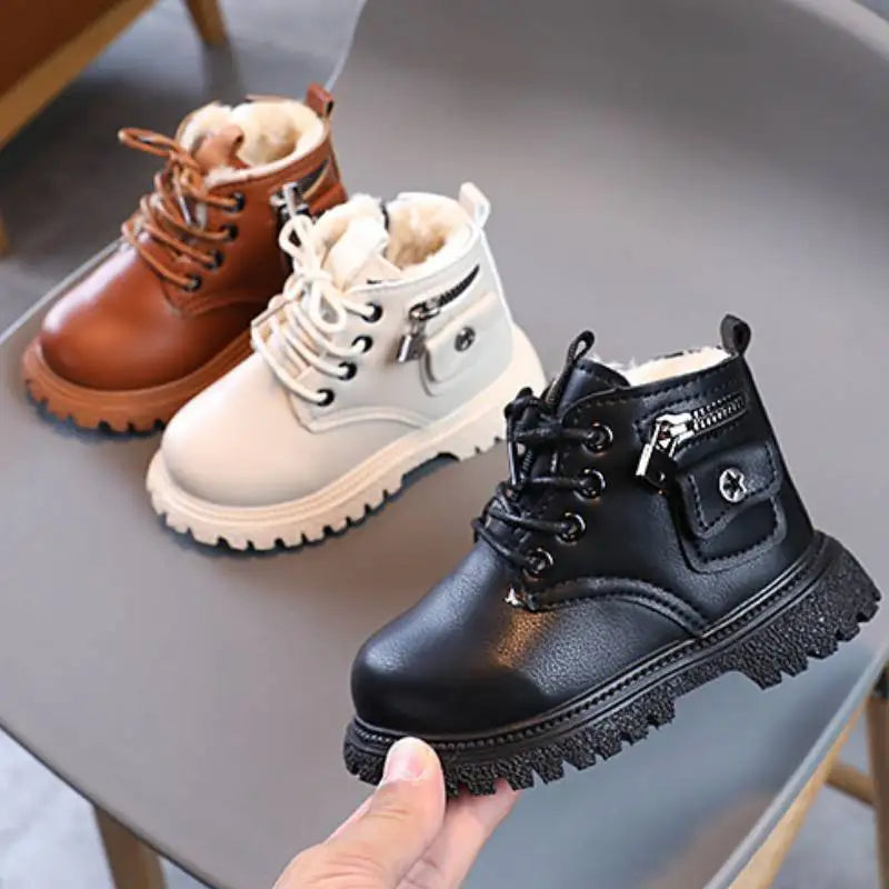 Fashion Children Boots Spring Autumn Cotton Snow Boots Warm Boys Leather Ankle Boots Baby Girls Casual Shoes 2024