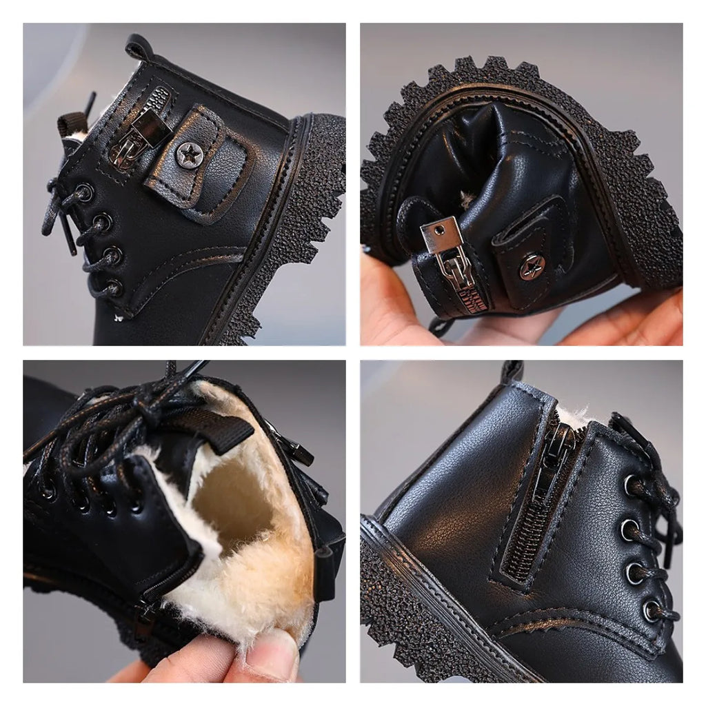 Fashion Children Boots Spring Autumn Cotton Snow Boots Warm Boys Leather Ankle Boots Baby Girls Casual Shoes 2024