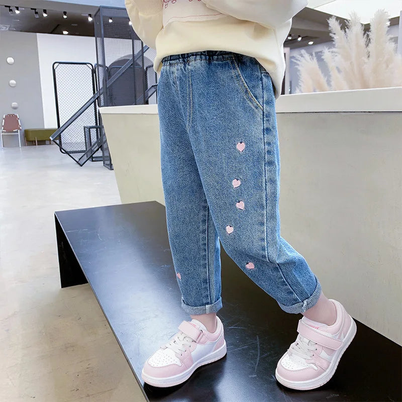 Girls Pants Spring Autumn Season 2024 Children's Pants Spring Dress Baby Jeans Children's Embroidered Elastic Pants
