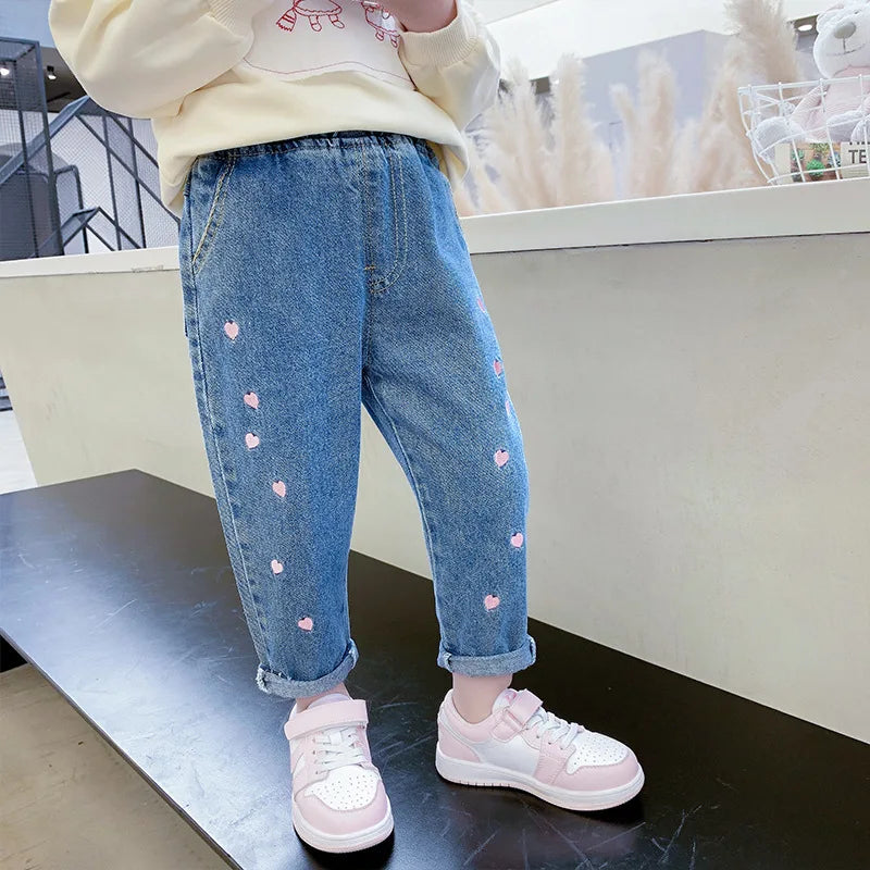 Girls Pants Spring Autumn Season 2024 Children's Pants Spring Dress Baby Jeans Children's Embroidered Elastic Pants